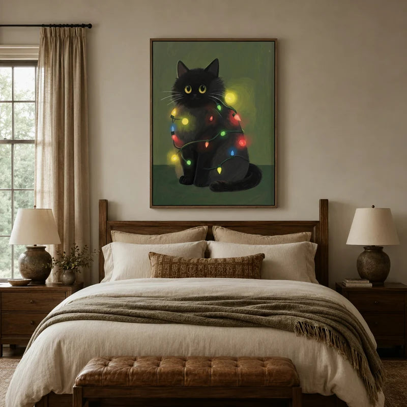 Illustrated black cat fairy lights wall art hanging above bed in rustic farmhouse bedroom