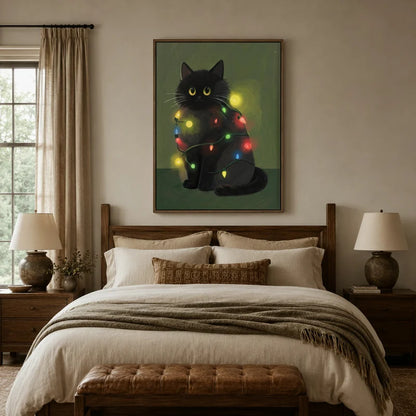 Illustrated black cat fairy lights wall art hanging above bed in rustic farmhouse bedroom