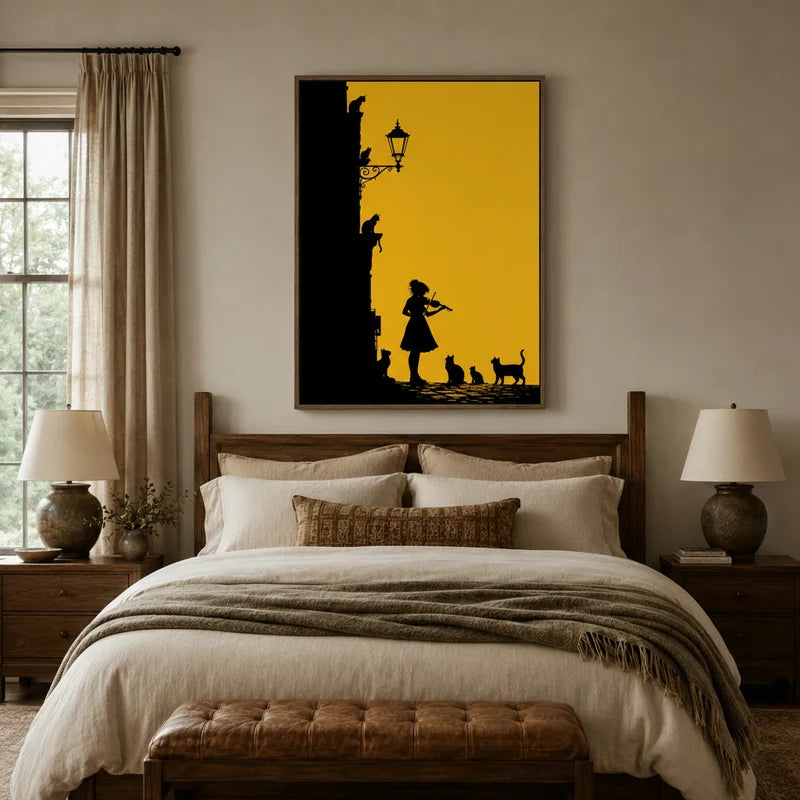 Minimalist girl playing violin with cats canvas art displayed above a bed in a warm rustic farmhouse bedroom