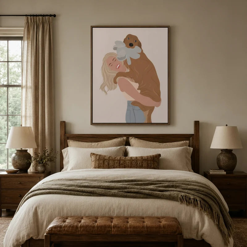 Minimalist girl and dog canvas wall art above a wooden bed headboard in a cozy warm neutral bedroom setting