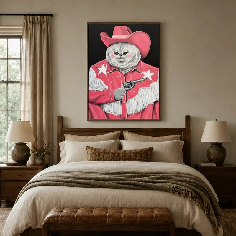 Pink western cat pop art canvas above linen bed in cozy rustic bedroom with wood headboard and table lamps