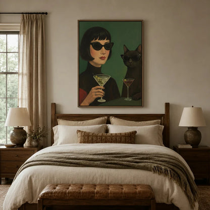 Woman and cat martini canvas wall art above bed in cozy neutral bedroom with warm linen tones