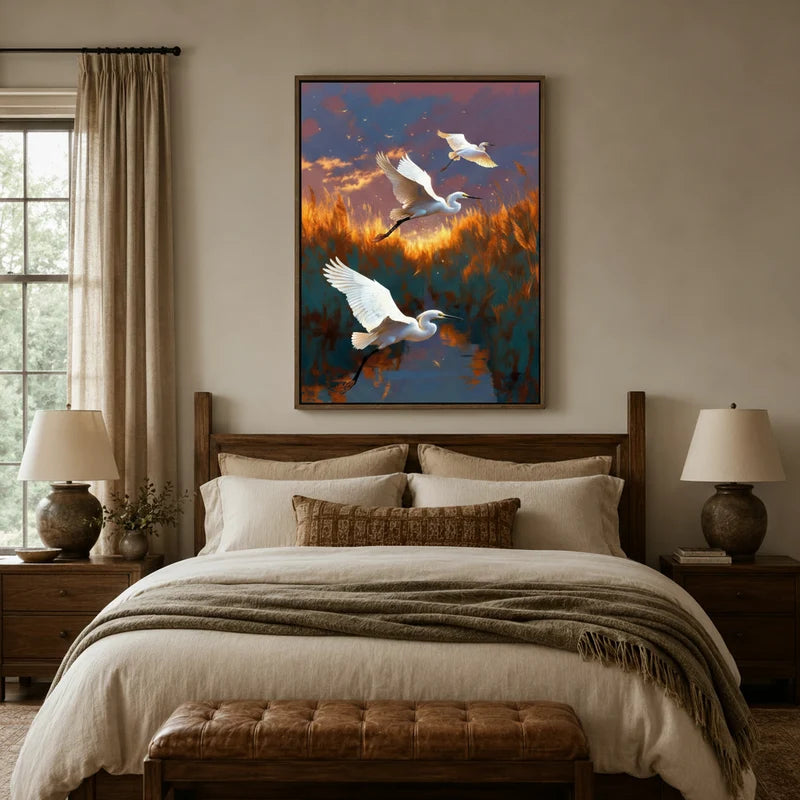 Dramatic egret flight canvas wall art above a linen headboard in a warm rustic bedroom
