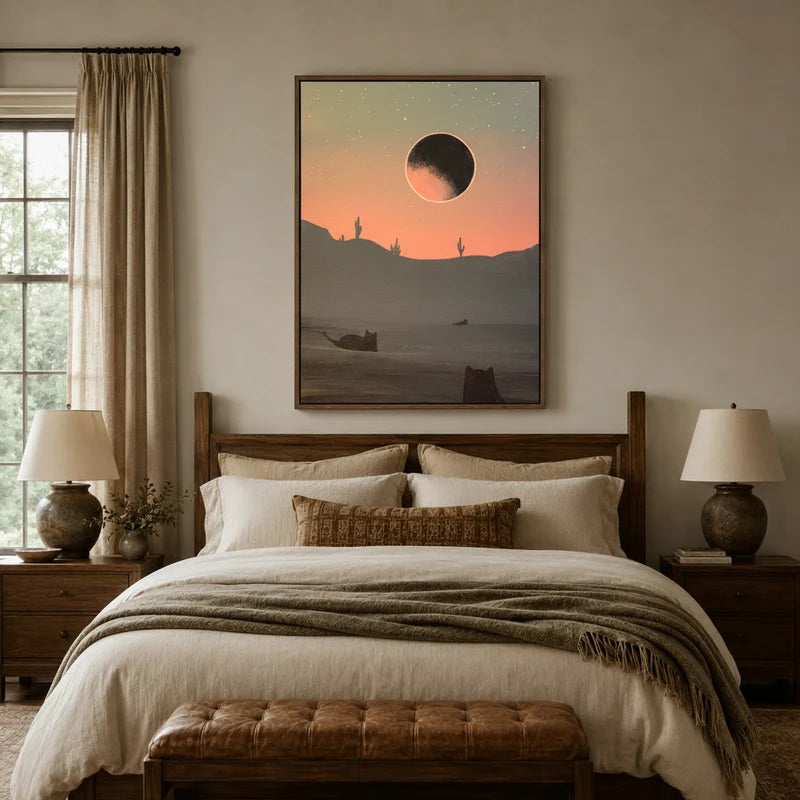 Islamic Kaaba wall art above bed in a cozy neutral-toned bedroom