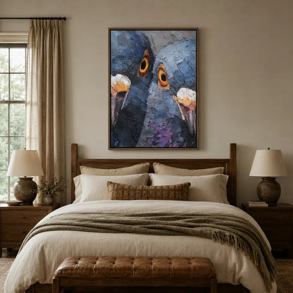 Framed two pigeons close-up impasto canvas wall art above bed in cozy farmhouse bedroom
