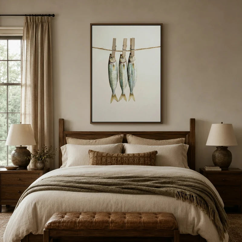 Framed three fish on clothesline canvas wall art above bed in cozy farmhouse bedroom