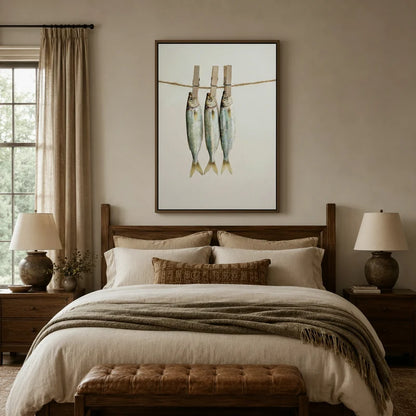 Framed three fish on clothesline canvas wall art above bed in cozy farmhouse bedroom