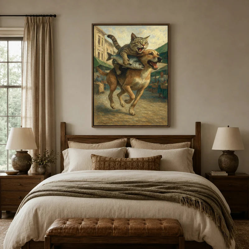 Framed cat riding dog through market canvas wall art above bed in cozy farmhouse bedroom with warm lighting
