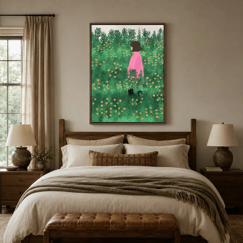 Wildflower girl and cat wall art above bed in cozy farmhouse bedroom with linen bedding and wood furniture