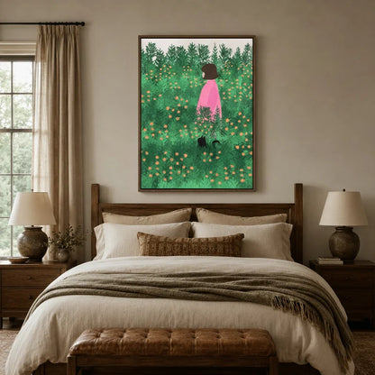 Wildflower girl and cat wall art above bed in cozy farmhouse bedroom with linen bedding and wood furniture