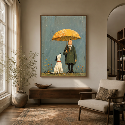 Whimsical man holding yellow umbrella over white dog canvas wall art in cozy entryway scene