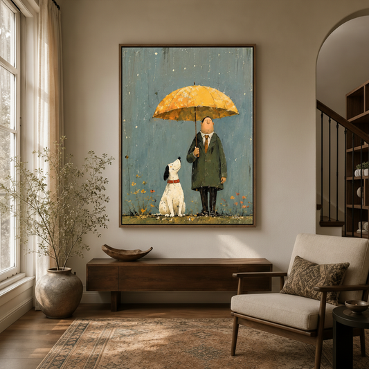Whimsical man holding yellow umbrella over white dog canvas wall art in cozy entryway scene
