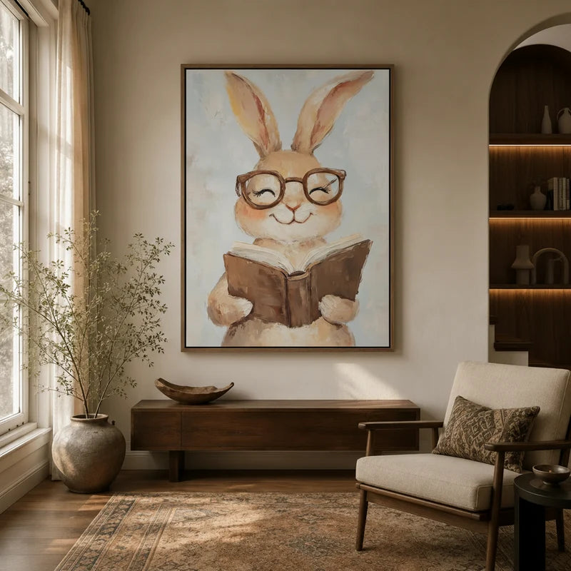 Framed watercolor bunny reading canvas wall art displayed in a warm boho living room with arched shelving