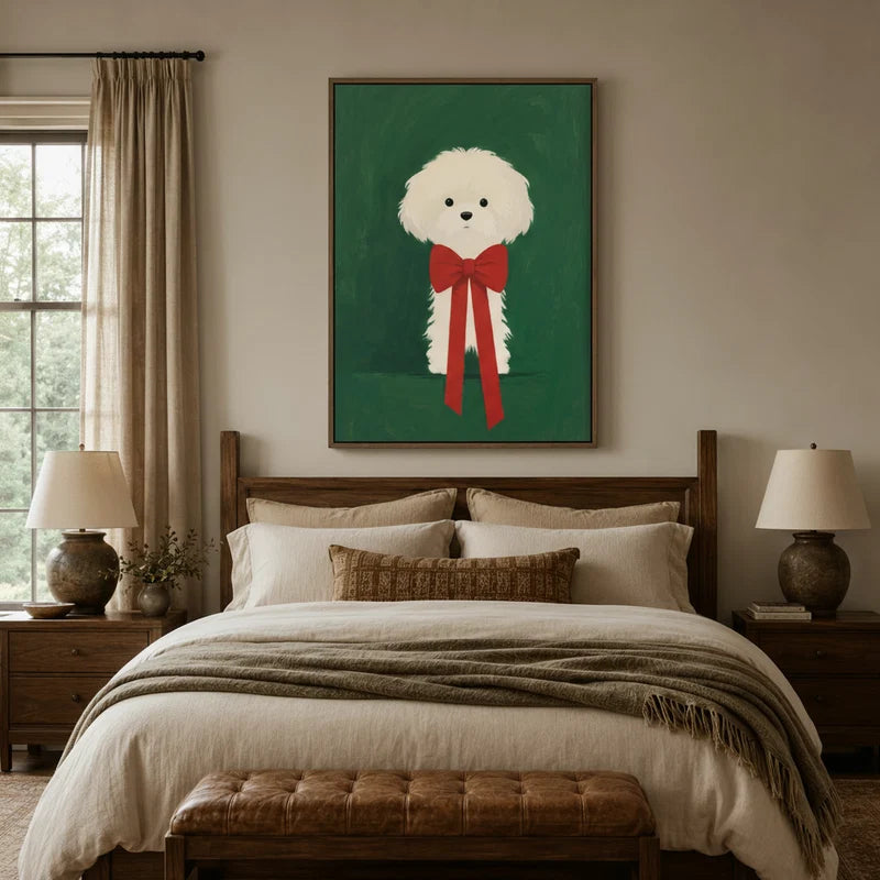 Cute white dog with red ribbon bow framed canvas above bed in a cozy rustic bedroom with warm lamps