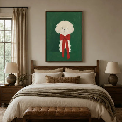 Cute white dog with red ribbon bow framed canvas above bed in a cozy rustic bedroom with warm lamps
