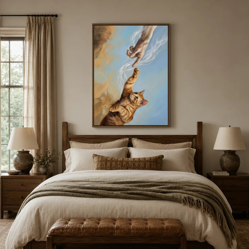 Renaissance-style cat wall art framed above bed in cozy linen bedroom