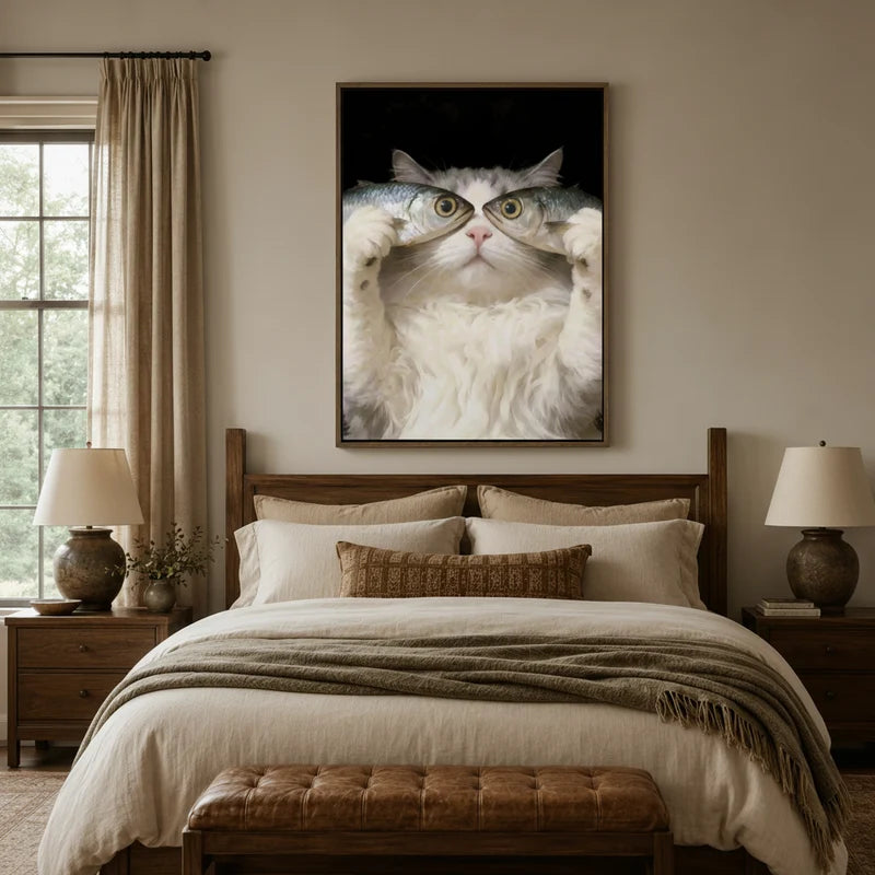 Funny cat with fish wall art above bed in cozy neutral bedroom with warm linen tones and wood headboard