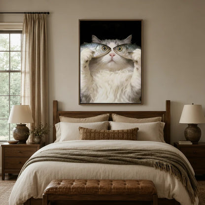 Funny cat with fish wall art above bed in cozy neutral bedroom with warm linen tones and wood headboard