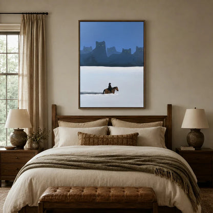 Dark whimsical cowboy and giant cats canvas displayed above a wooden bed in a warm traditional bedroom