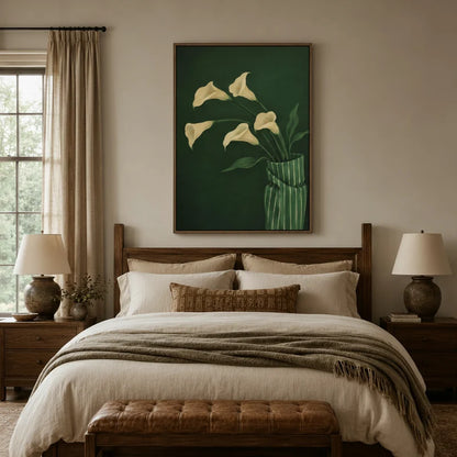 Elegant calla lily botanical canvas hanging above wooden bed in a rustic bedroom with linen bedding and warm lamps