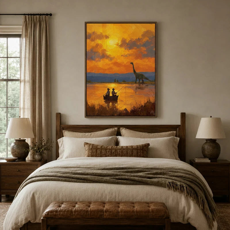 Framed dinosaur sunset wall art hanging above bed in a cozy rustic bedroom with warm lighting