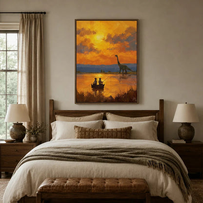 Framed dinosaur sunset wall art hanging above bed in a cozy rustic bedroom with warm lighting