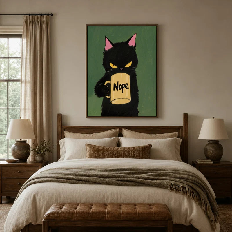 Funny grumpy cat Nope canvas above wooden bed in a cozy warm-toned bedroom