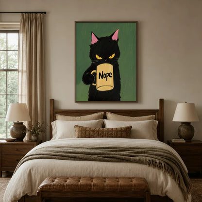 Funny grumpy cat Nope canvas above wooden bed in a cozy warm-toned bedroom