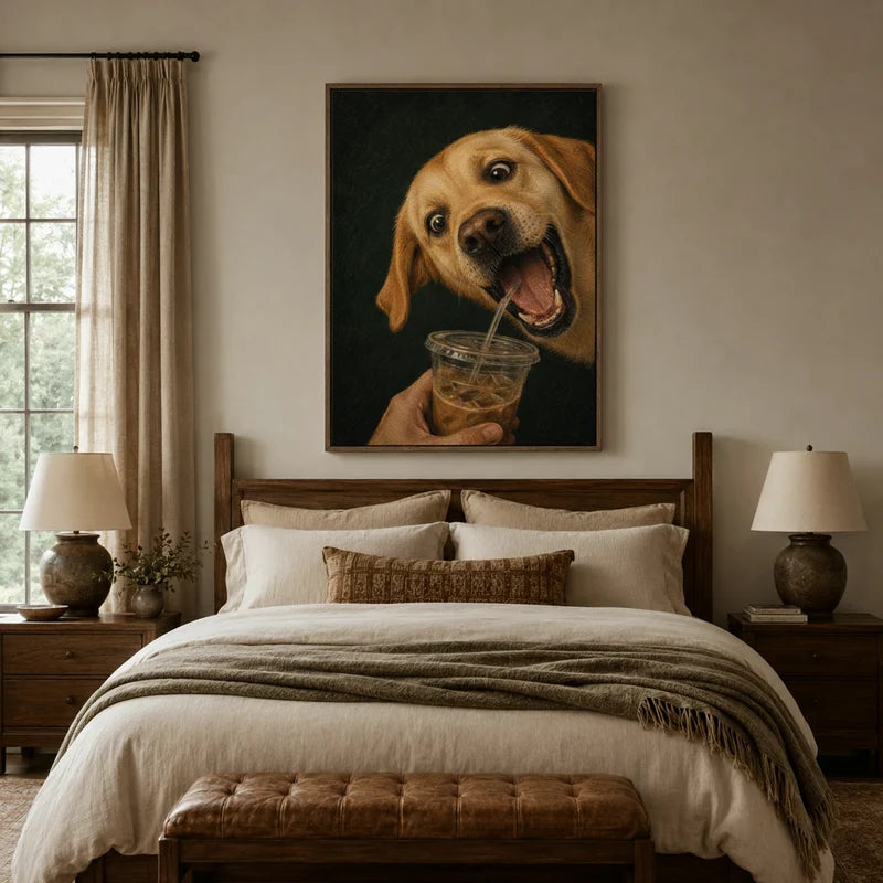 Humorous golden Lab wall art hanging above a linen bed in a cozy warm-toned bedroom