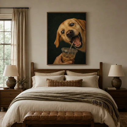 Humorous golden Lab wall art hanging above a linen bed in a cozy warm-toned bedroom