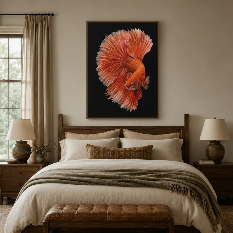 Black cat riding balloon dog framed wall art above bed in a cozy rustic bedroom with warm lamps