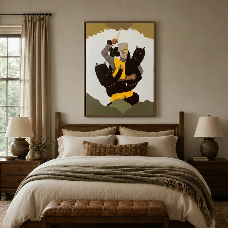 Medieval knight black cats canvas wall art above a wooden bed headboard in a warm neutral bedroom setting