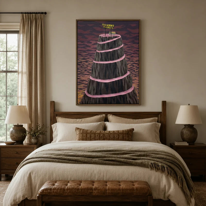 Dark surrealist mountain canvas wall art above a wooden bed headboard in a warm neutral bedroom setting