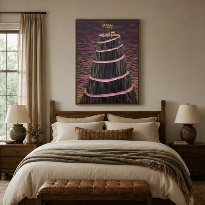 Dark surrealist mountain canvas wall art above a wooden bed headboard in a warm neutral bedroom setting