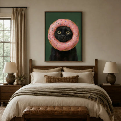 Wide-eyed black cat donut wall art displayed above a bed in a cozy farmhouse-style bedroom