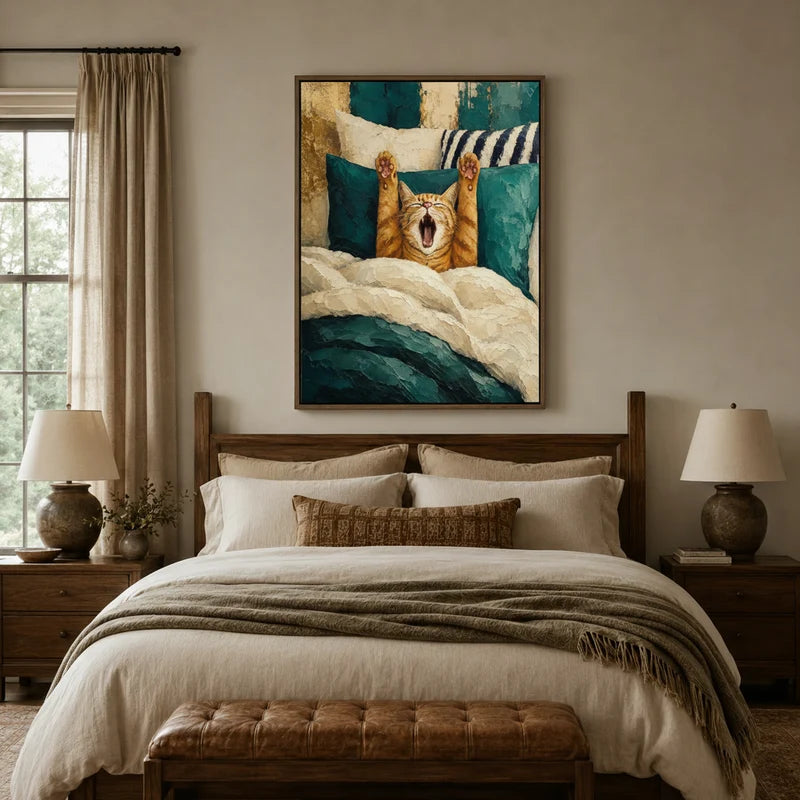 Framed orange cat stretching canvas wall art hanging above bed in cozy farmhouse bedroom