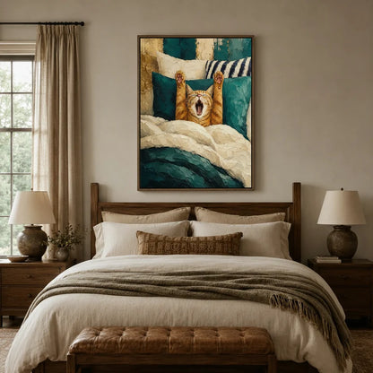 Framed orange cat stretching canvas wall art hanging above bed in cozy farmhouse bedroom