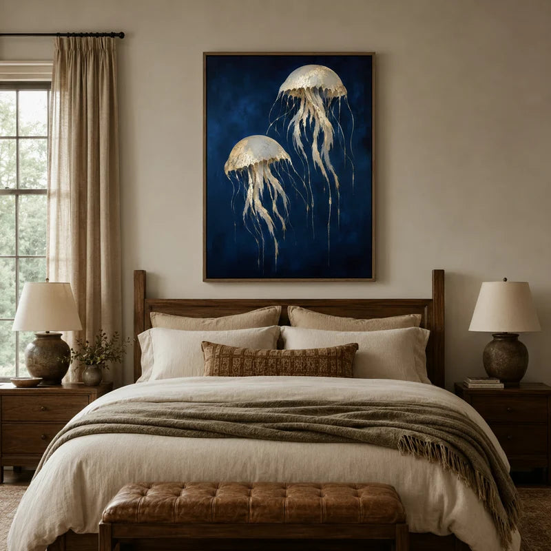 Dark navy jellyfish canvas wall art above a rustic wood bed in a cozy neutral bedroom
