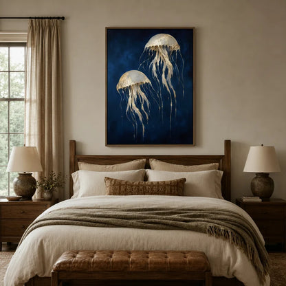Dark navy jellyfish canvas wall art above a rustic wood bed in a cozy neutral bedroom