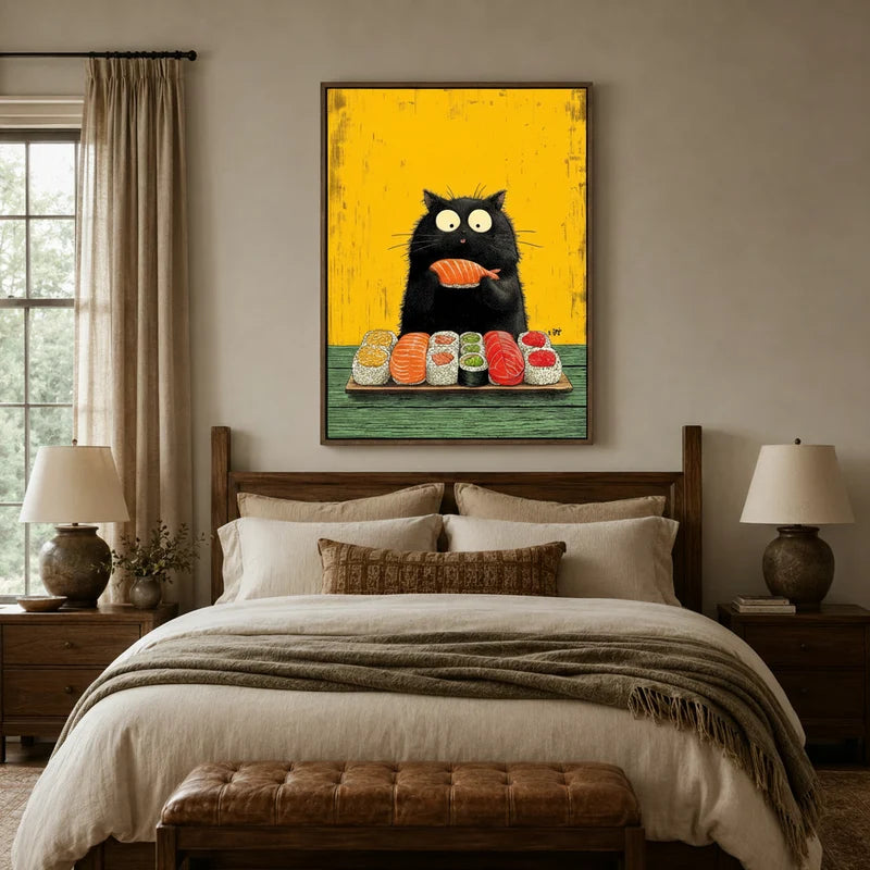 Funny black cat sushi wall art above a rustic wood bed in a cozy neutral bedroom setting