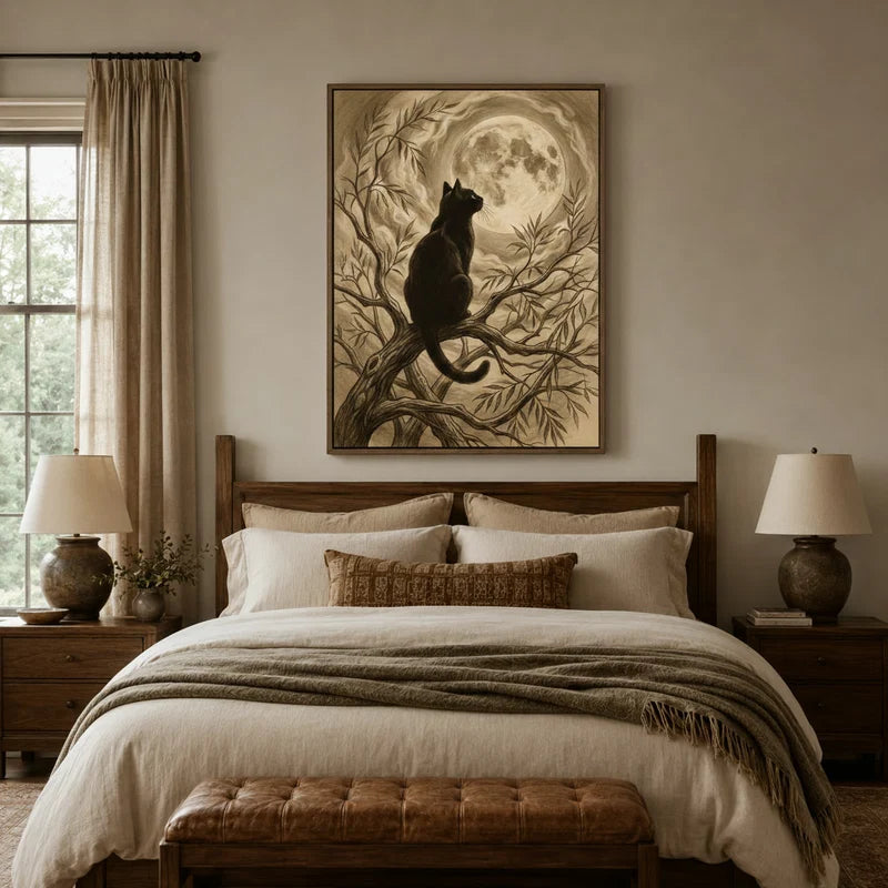 Gothic black cat full moon wall art above wooden bed in a cozy warm-toned bedroom