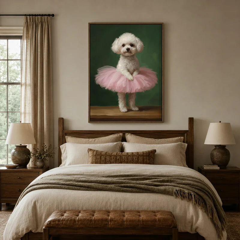 Ballerina dog wall art above bed in cozy farmhouse bedroom with linen bedding and ceramic lamps