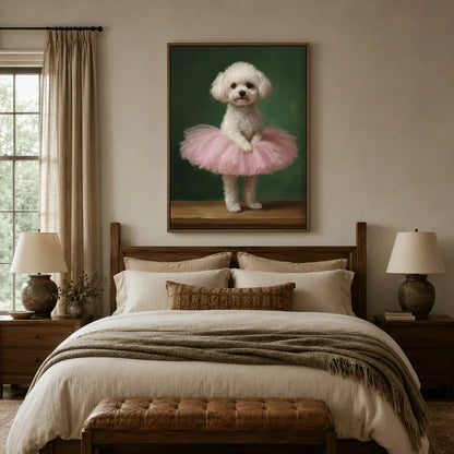 Ballerina dog wall art above bed in cozy farmhouse bedroom with linen bedding and ceramic lamps