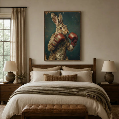 Whimsical boxing rabbit canvas art in a styled bedroom with moody teal and warm neutral tones