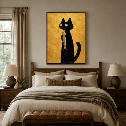 Minimalist black cat canvas art hanging in a styled bedroom with warm amber and neutral tones