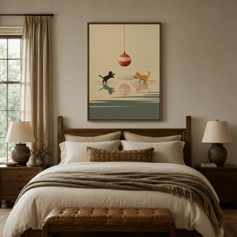 Minimalist two cats playing ball canvas wall art above bed in cozy farmhouse bedroom