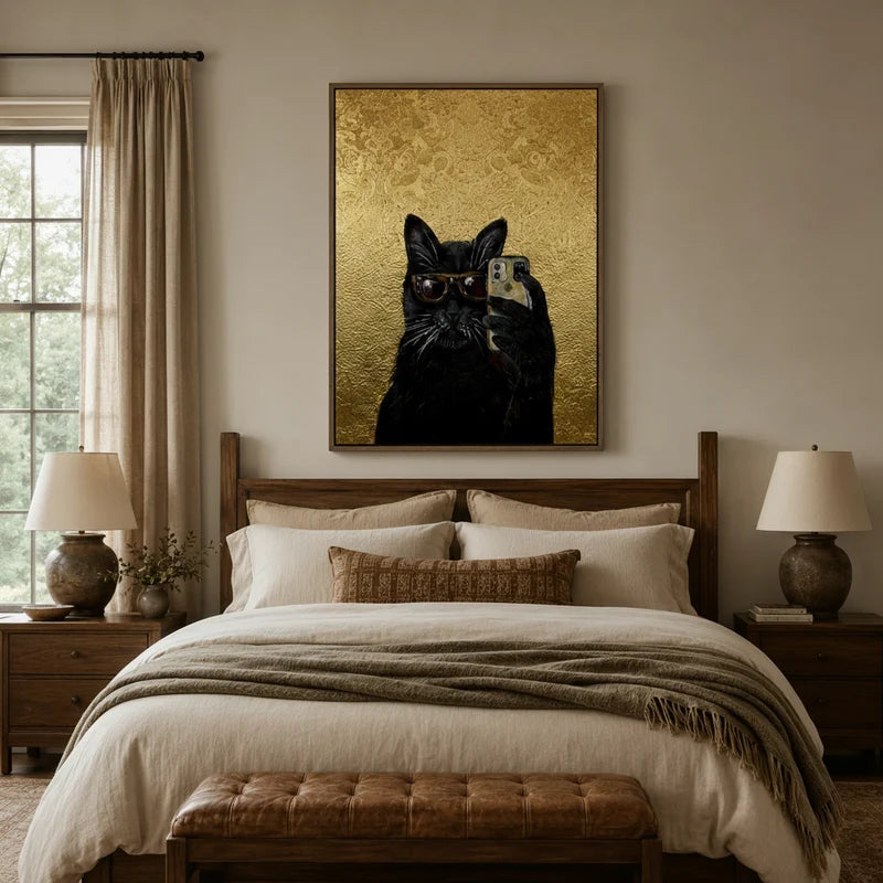 Black cat in sunglasses selfie wall art above bed in cozy neutral farmhouse bedroom with linen bedding