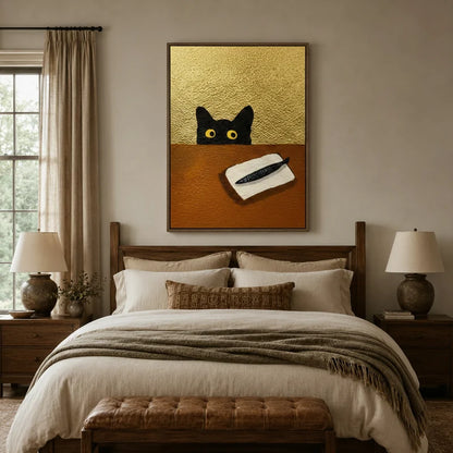 Whimsical black cat canvas wall art above a wooden bed headboard in a warm neutral bedroom setting