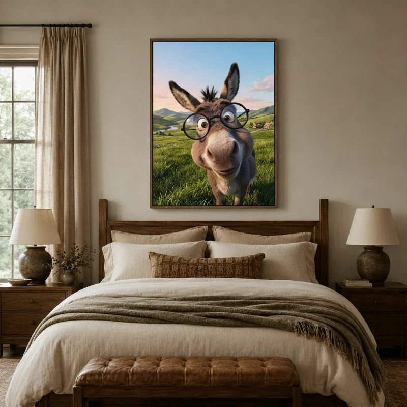 Funny animal donkey canvas wall art above linen bed in cozy rustic bedroom with wood headboard and table lamps