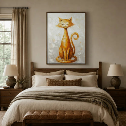 Elegant amber cat wall art above wooden bed in a cozy warm-toned bedroom